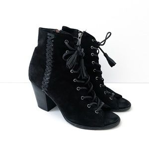 Frye Danica Black Suede Lace Up Ankle Boots Open Toe